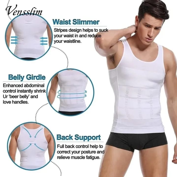 Slim N Lift Body Shaper Vest for Men – Compression Slimming Undershirt for Tummy Control & Back Support – Black/White