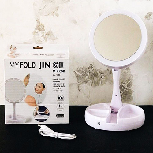 Double Sided Folding LED Makeup Mirror with Light | USB Power & Battery Lighted Vanity Mirror | Foldable Portable Tabletop Cosmetic Mirror with Stand & Storage Tray (1X/10X)