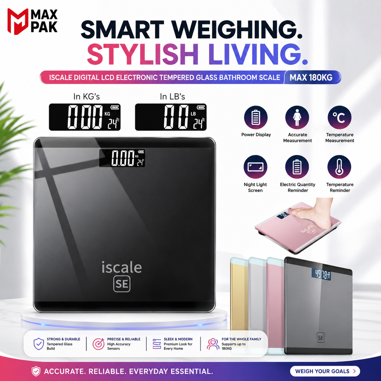 Upto 180kg iScale Weight Machine - Digital Heavy Duty Electronic Weighing Scale with Dual LED Display - Heavy Electric Weight Machine With Durable Steel Quality - For Home & Personal Use - Black/Golden/Pink/Silver