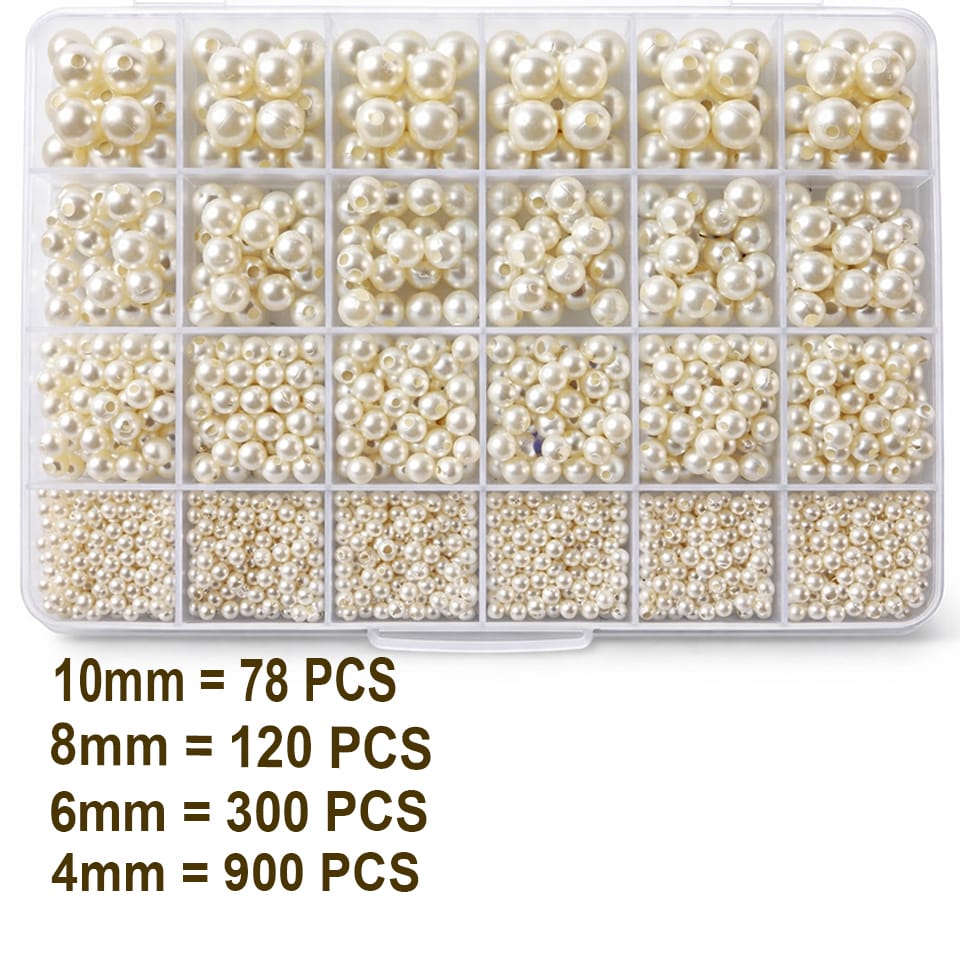1400 PCS Pearl Beads Jewelry Making Kit with 4mm, 6mm, 8mm & 10mm Faux Pearl Beads – Assorted Cream Pearl Beads with Earring Hooks, Clasps, Eye Pins, Jump Rings, Beading String & Jewelry Findings for DIY Bracelets, Necklaces & Crafts