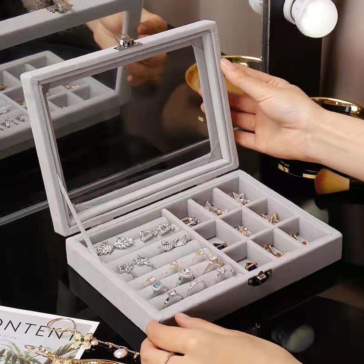 Clear Lid Jewelry Tray Showcase Display Storage Box 24 Grid Sackcloth