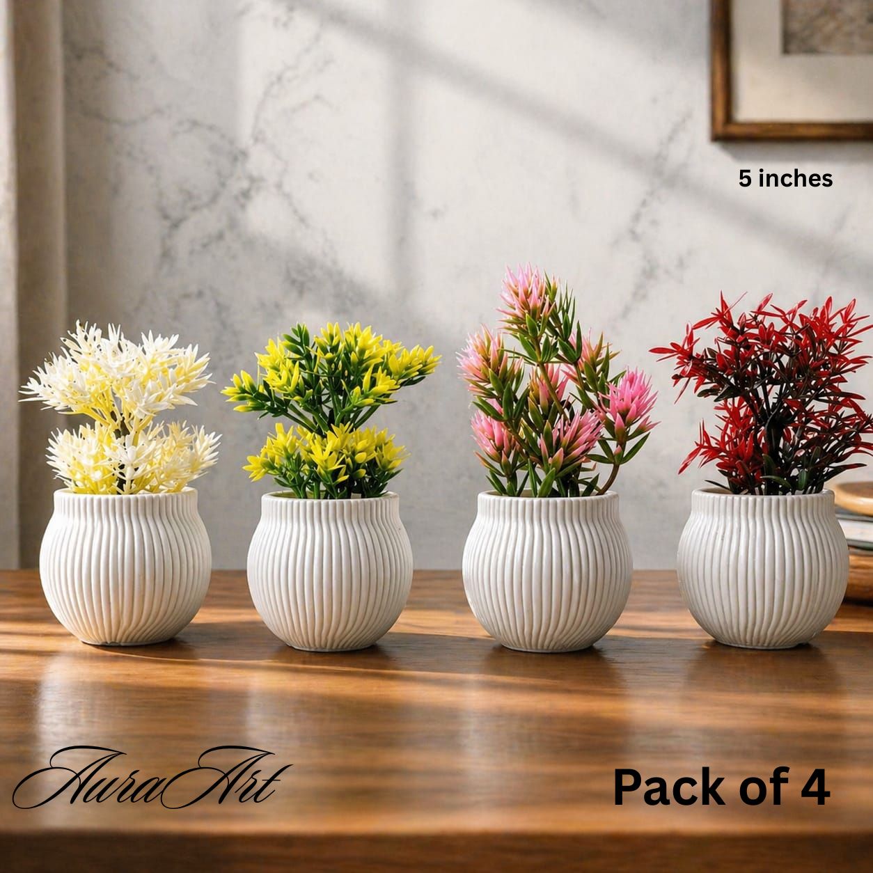 Pack of 4 mini artificial plants decoration pieces with white round pots. Best for room, office and home decoration.