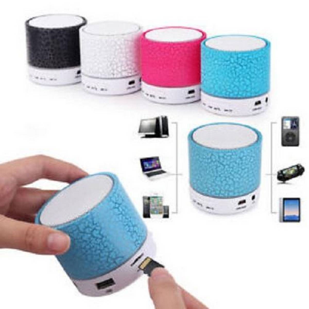 Mini Portable Bluetooth & Rechargeable Speaker with Light + SD Card + FM Radio + USB Supported Multi Color price in Pakistan