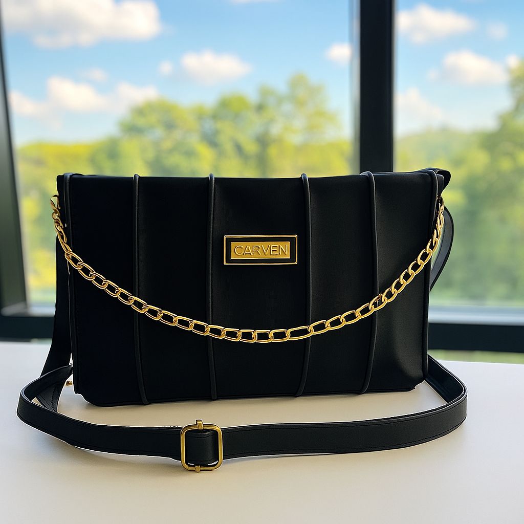 Hand bags for girls with stylish golden chain design and long strap top trend stylish Elegant crossbody bag long strap for girls and women