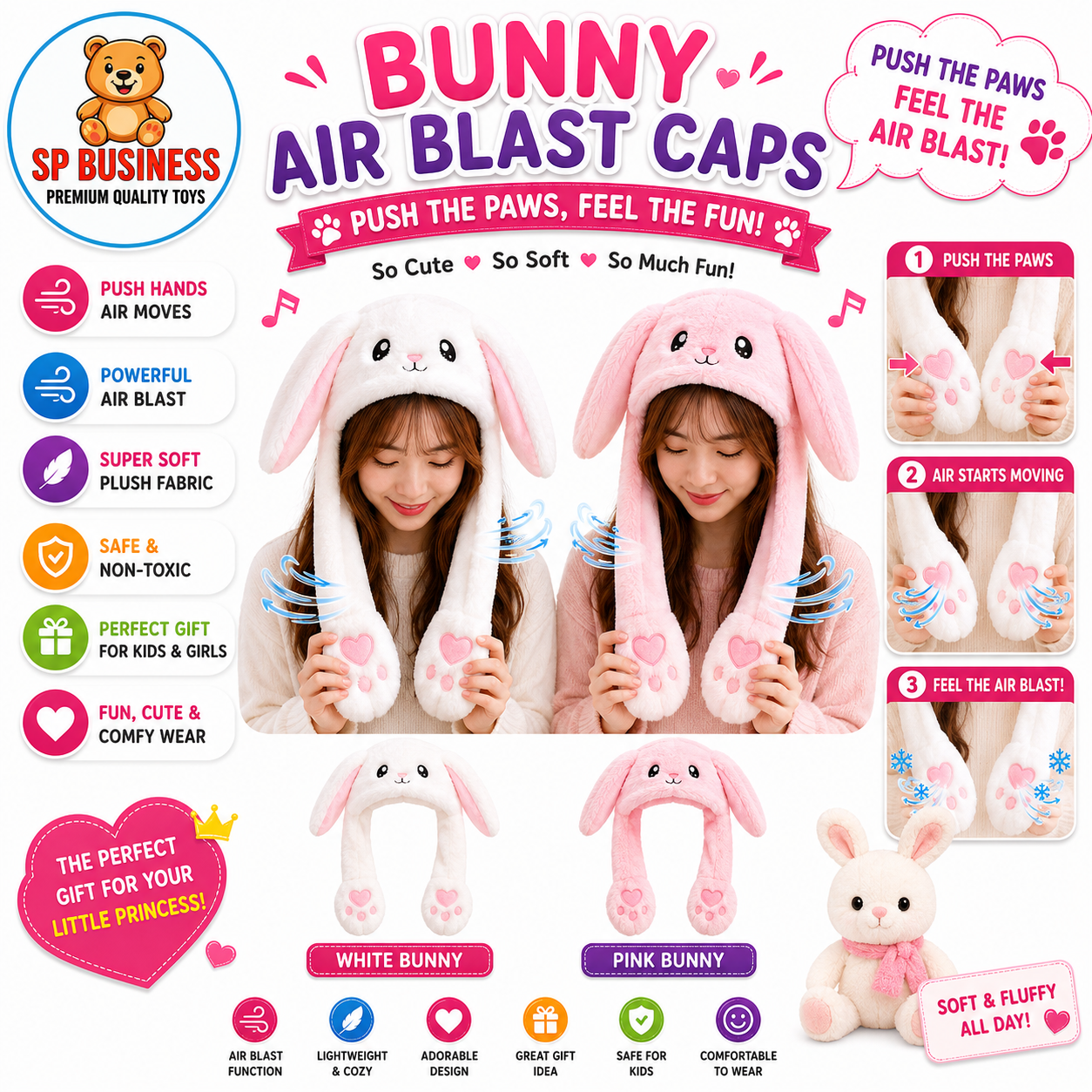 Moving Ear Plush Hat for Kids | Cute Cartoon Character Soft Warm Winter Cap | Unisex Plush Headwear | Tagged Piece by SP Business
