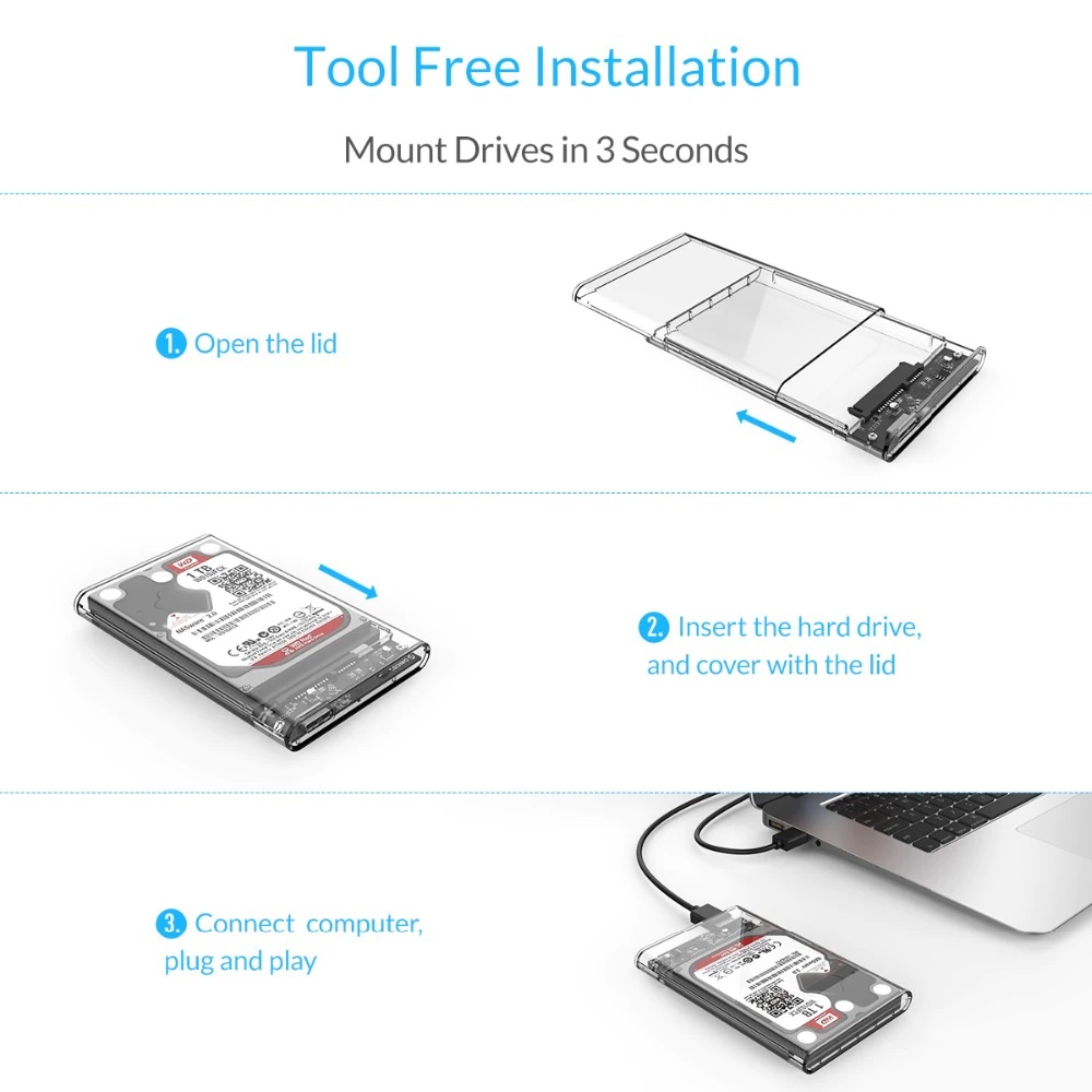 Speed-X HD-2025U3 2.5-Inch External Hard Drive Enclosure with USB 3.0 Interface, Transparent Crystal Case for SATA HDD