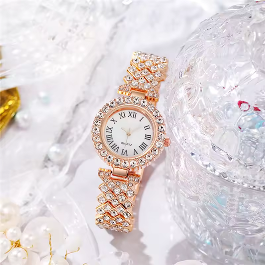 Luxury Rhinestone Women’s Watch Set – Round Dial with Stainless Steel Crystal Chain Strap & Bracelet (2 PCS Gift Set)