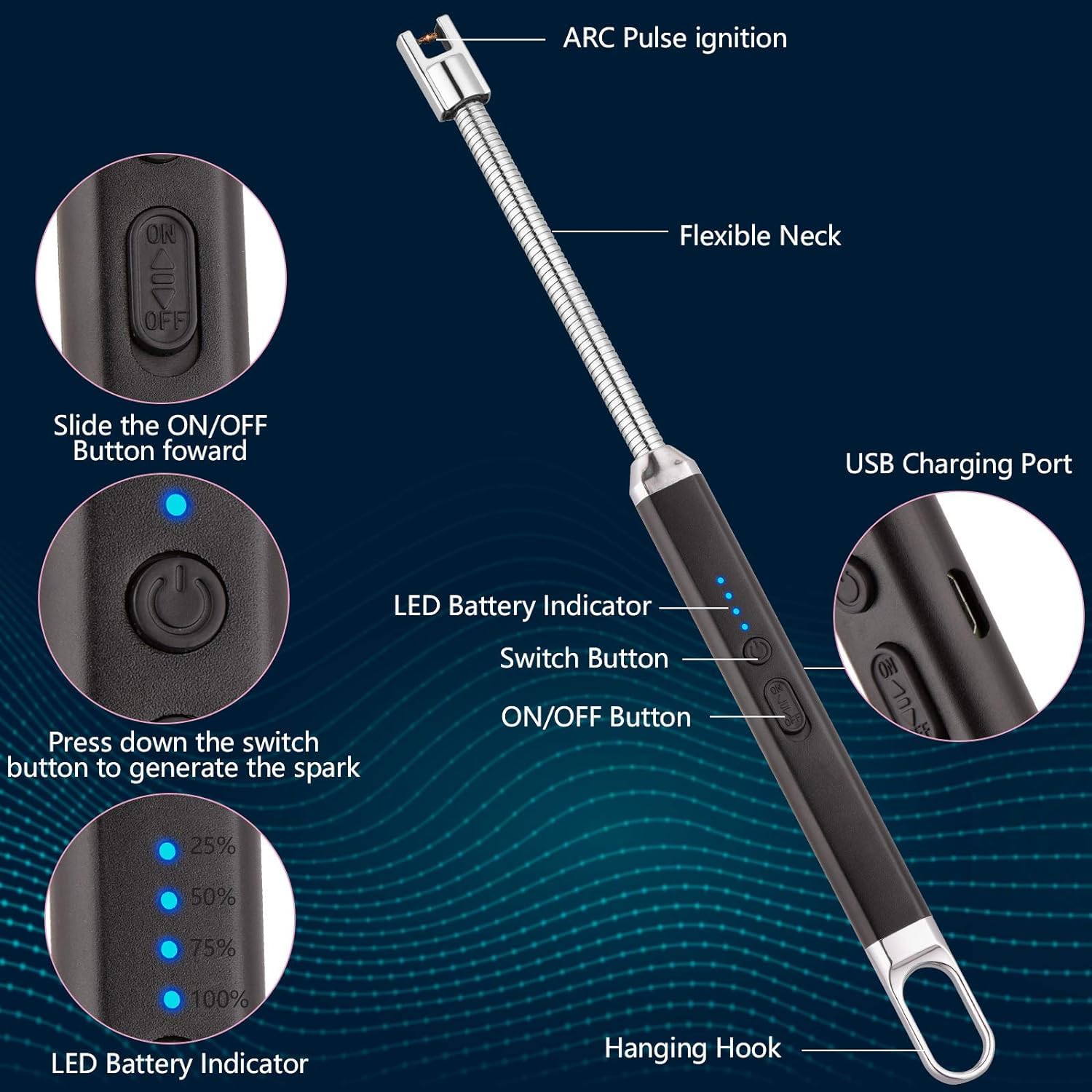 Electric Arc USB Rechargeable Flameless Arc Lighter Flexible and Windproof for Candles, Hiking, Camping, Kitchen, Fireplaces 360 degree free rotation ...
