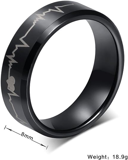 Heartbeat Laser Etched Engagement Band Rings For women and men ECG Rings Black Band