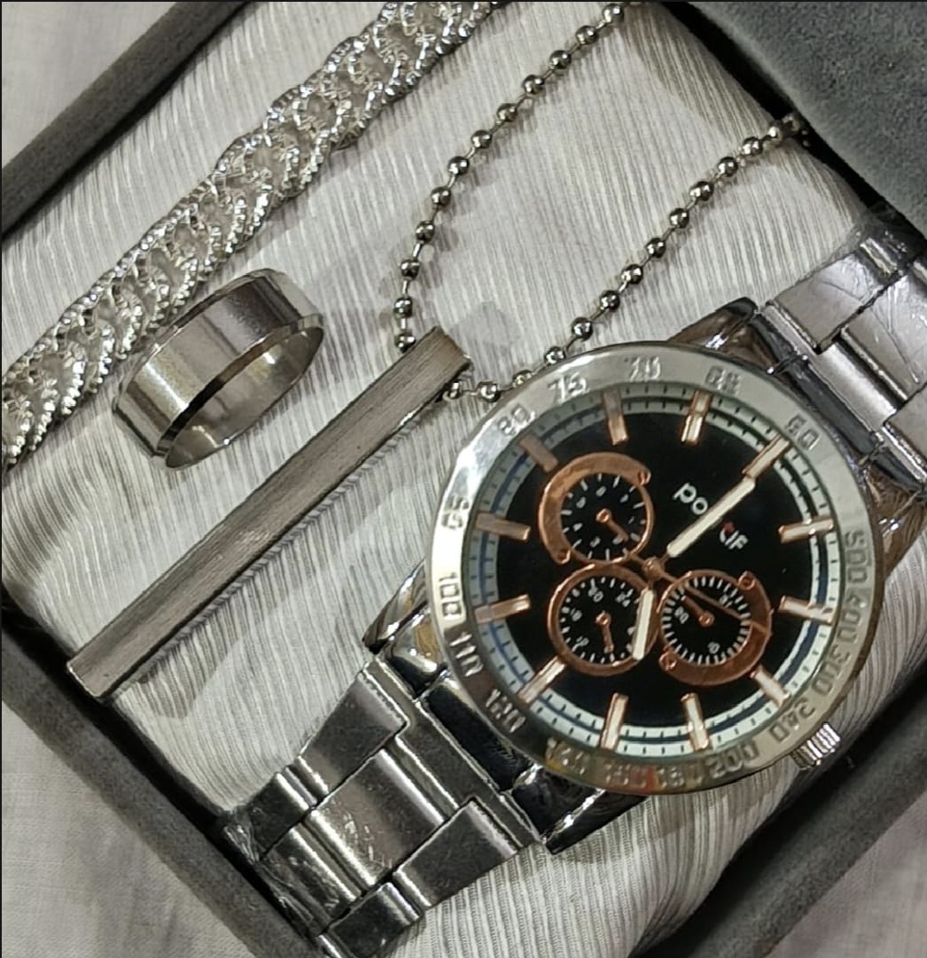 Latest Design 2025 Watch Silver Business Sports Watches + Bracelet + Cuban Chain Bracelet +3D Bar Locket  With Chain+Ring -High Quality In Random Dial watch Design With Stainless Steel Strap + Bracelet Chain + Necklace + Ring For Boys Men