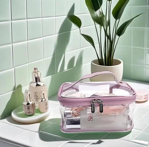 Clear Makeup Bags, Travel Cosmetic Zipper Pouch for Women, Transparent Makeup Organizer Storage Case for MakeUp Brushes, Travel Toiletry Bags for Girls with Portable Handle (Pink (Double Layer))