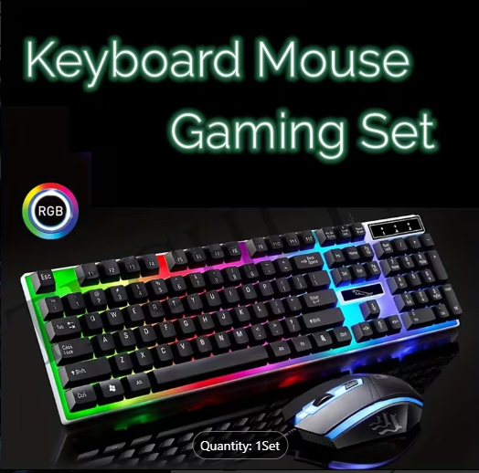 RGB Gaming Keyboard & Mouse Combo - 7 Colour Wired RGB Mouse and Keyboard Set - USB Wired Pack For PC & Laptop - Black & White
