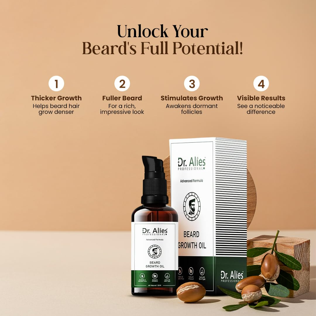 Dr. Alies Professional Beard Growth Oil for Men | Natural Beard Growth Serum with Rosemary, Castor & Herbal Oils | Helps Fill Patchy Beard, Strengthens Hair Roots, Softens & Conditions Beard | Promotes Thicker, Fuller, Healthier Beard Growth