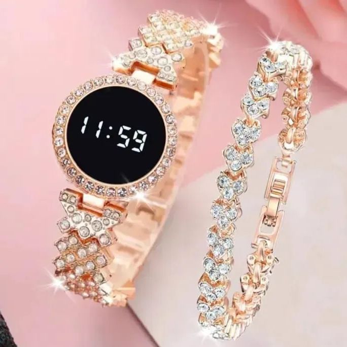 Watch for Girls Diamond Touch Screen LED Watch for Ladies –Jewellery For Girls Style in Stainless Steel Chain Digital Wristwatch for Women's – Stylish Fashion Watch For Girls With Bracelet in Silver Stone Round & Square Dial Shape For Gift