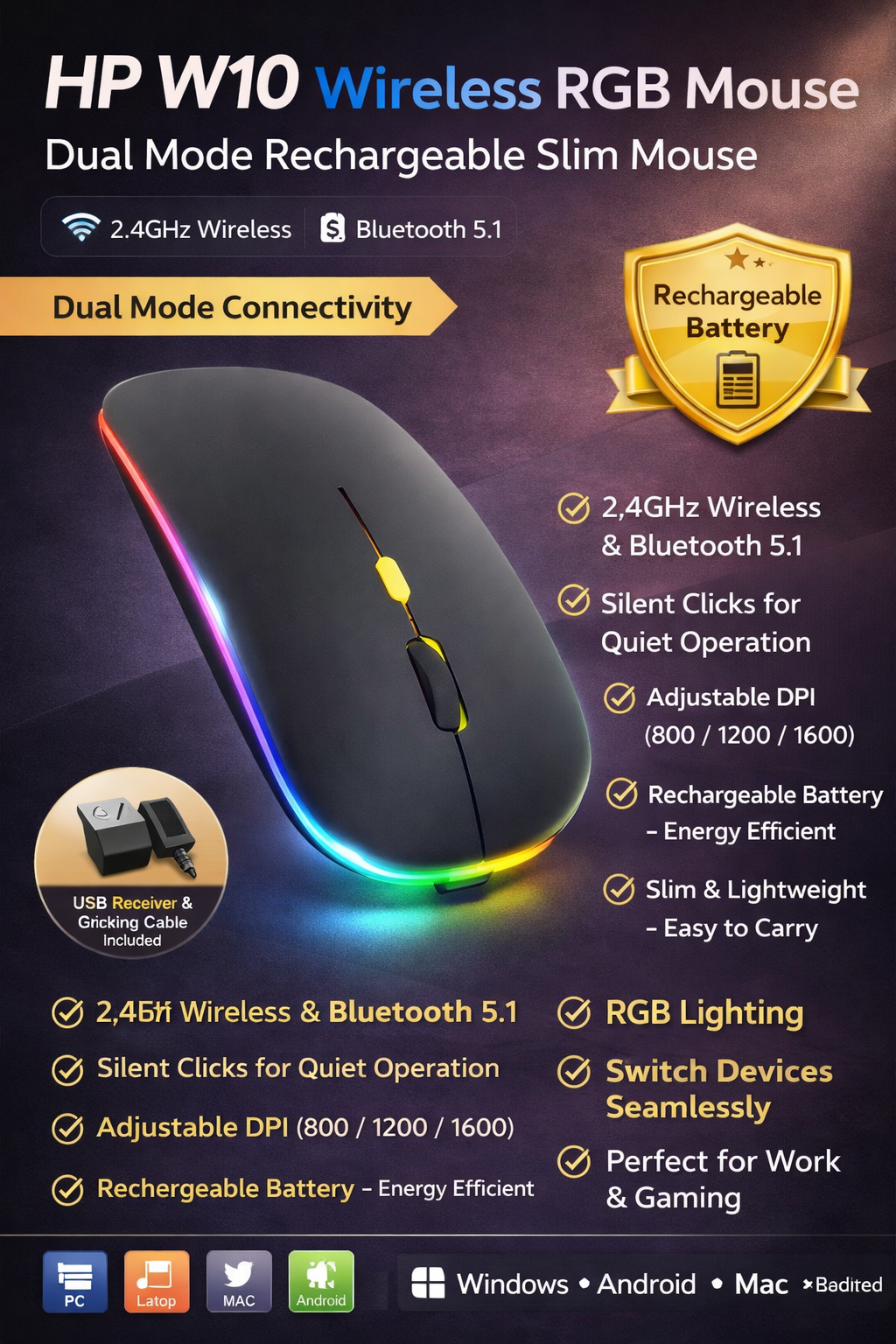 HP W10 Wireless RGB Rechargeable Mouse – Bluetooth & 2.4G Dual Mode, Silent Click, Adjustable DPI, Ultra-Thin Slim Design by Ecoelec price in Pakistan