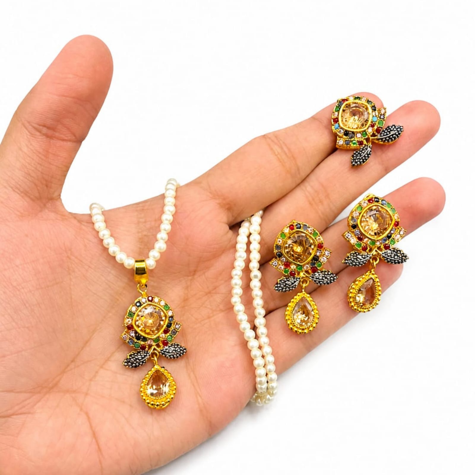 Pearl jewelry set, necklace set for women, earrings ring set, bridal jewelry, fashion accessories, girls jewelry set, gold plated necklace.