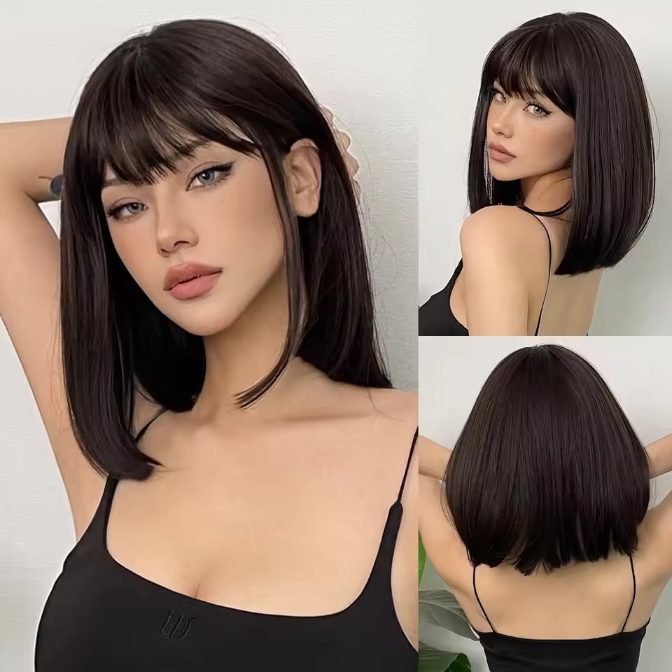 Synthetic Wig Natural Fringe Straight Bob Short Music Festival Party Cosplay Daily Use Full Head Cover