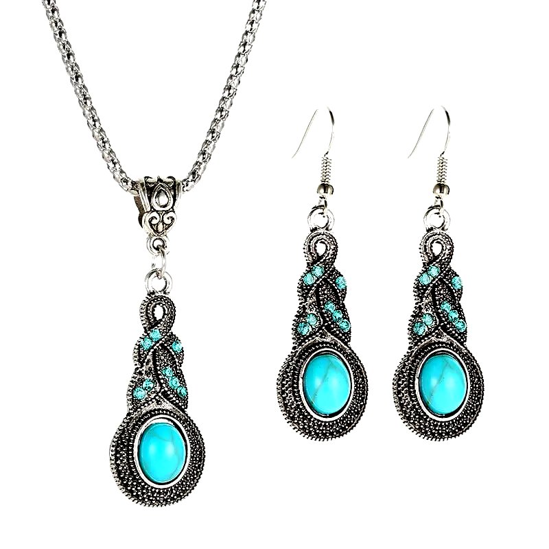 3PCS Vintage Turquoise Jewelry Set | Blue Crystal Pendant Necklace & Earrings for Men Women | Antique Silver Lantern Chain | Gift Jewelry | Daraz Pakistan