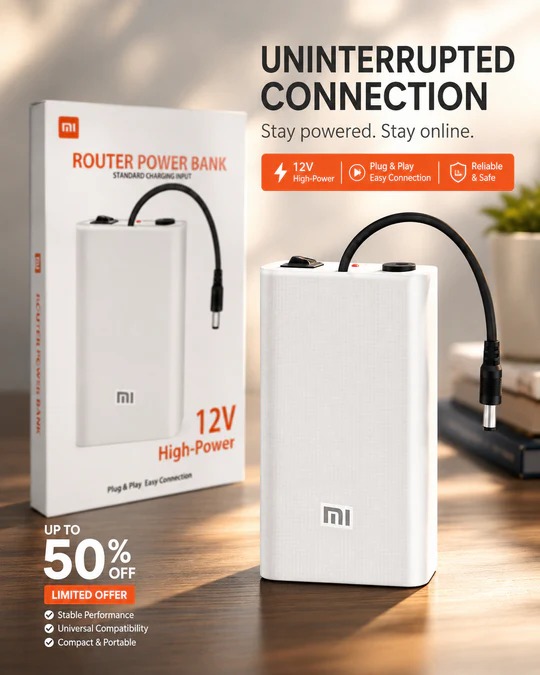 12V High-Power Router Power Bank for WiFi Modem & Router Backup -Compatible with Wi-Fi Routers & ONTs - High Capacity Backup - 20,000 AMH | WiFi Router UPS Power Bank 12Volts