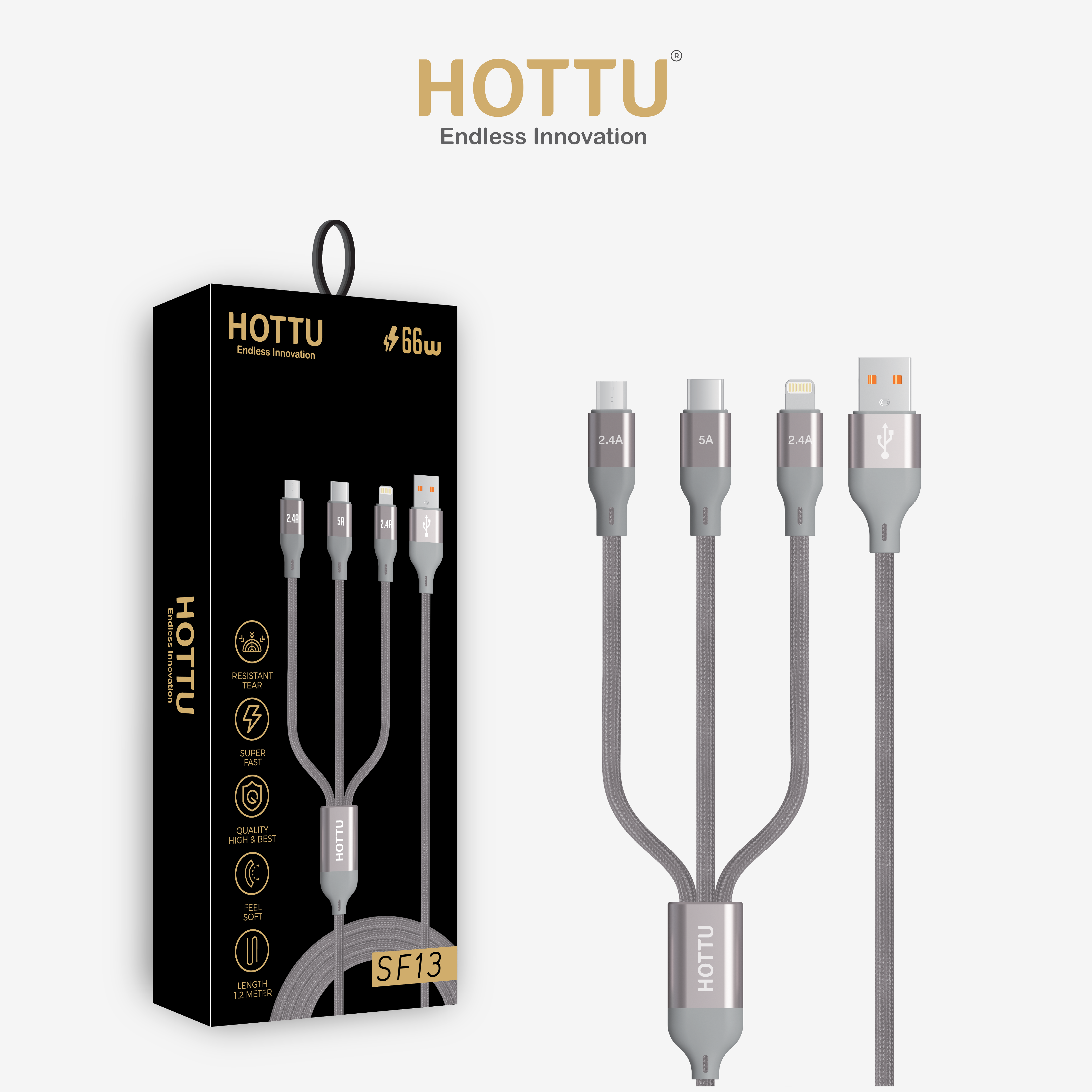 HOTTU SF13 3 in 1 66w Fast Charging Data Cable Durable Build USB A, Type C, Lightning 1.2m