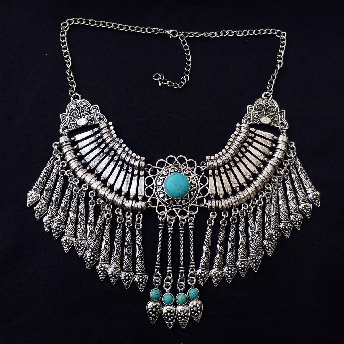 Women Ethnic Pendant Necklace Chain Vintage Statement Necklace silver