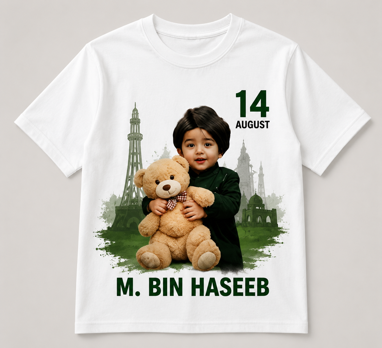 Customized 14 August Independence Day T-Shirt for Kids | Photo & Name Printed | Pakistan Flag Design