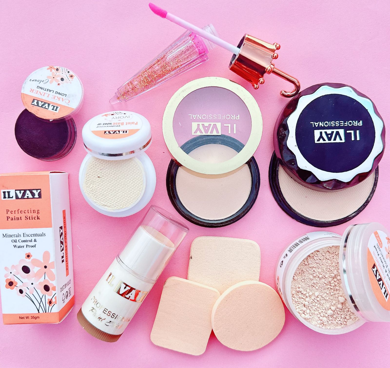 Deal of 08 - Compact Powder, Pan Cake, Foundation Stick , Handi Base, Cake Liner, 2Pcs Sponge, Loose Powder & Lipgloss