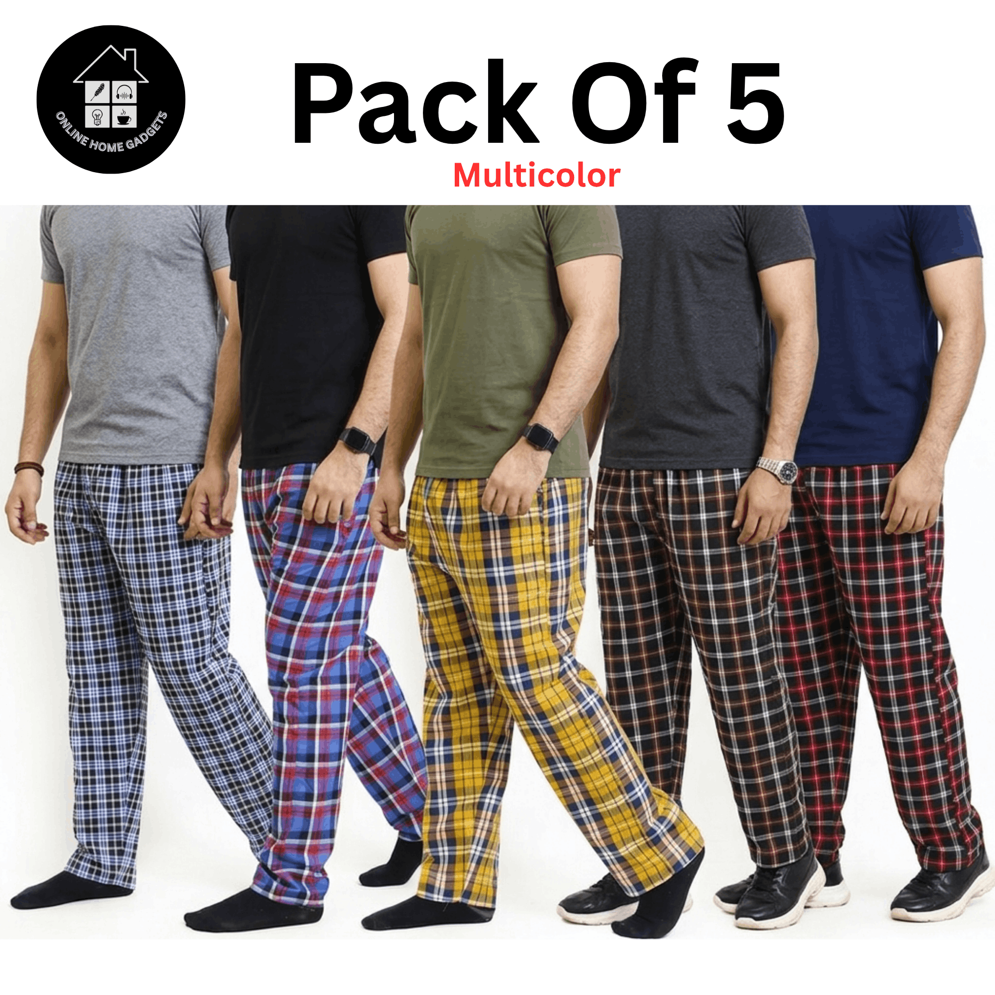 Pack Of 5 Men Cotton Checkered Trouser with Pockets  Casual Comfortable Plaid Pants for Men  Elastic Waist Lounge Pants  Breathable Summer Trousers for Home & Outdoor