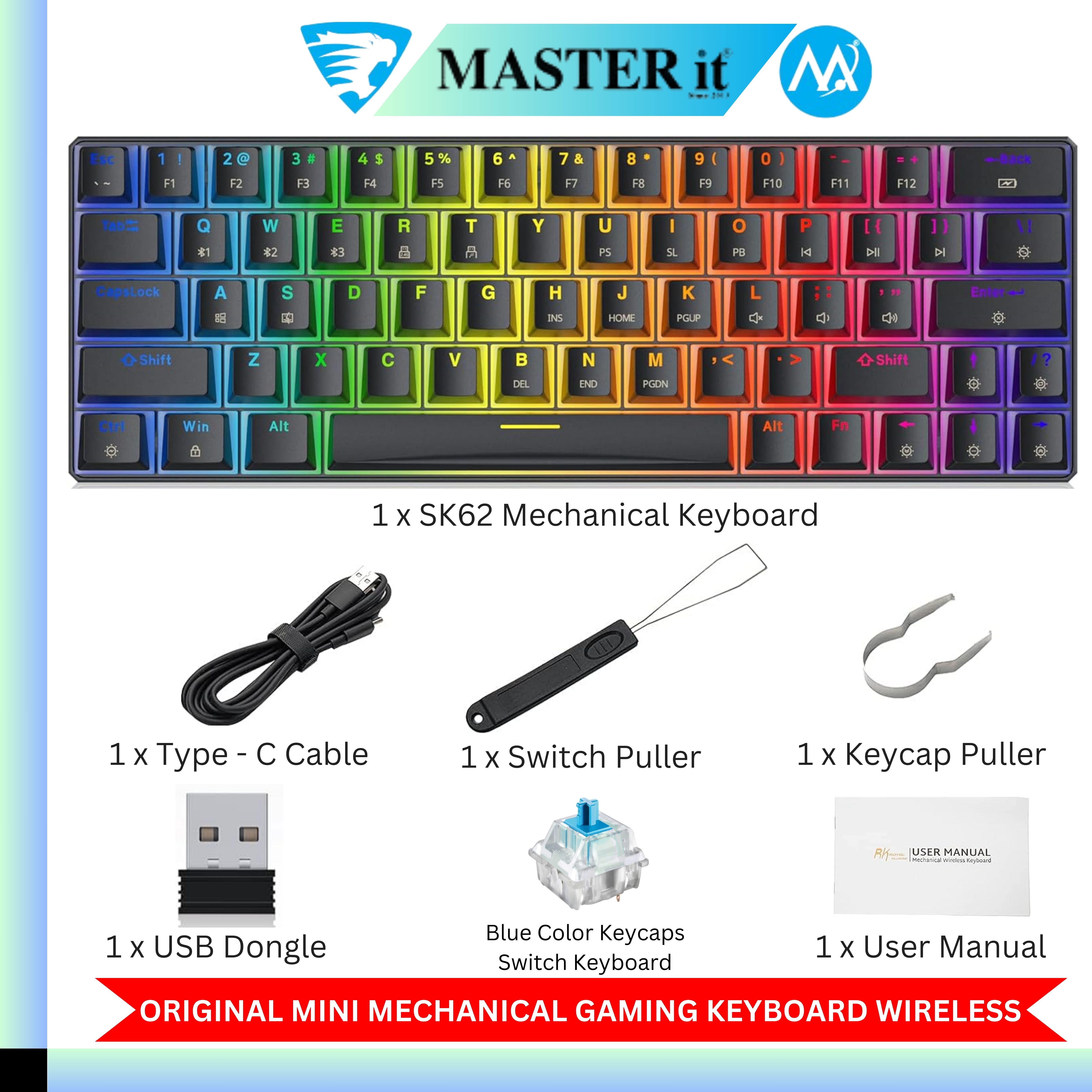 RGB Gaming Keyboard - Mechanical Keyboard Blue Switch Wired/Wireless Mini RGB Keyboard 61/63 Keys Without Numpad - RGB Light Mechanical Keyboard Black - Detachable TYPE-C Wired/Wireless For Professional Gaming - Compatible With PC & Laptop
