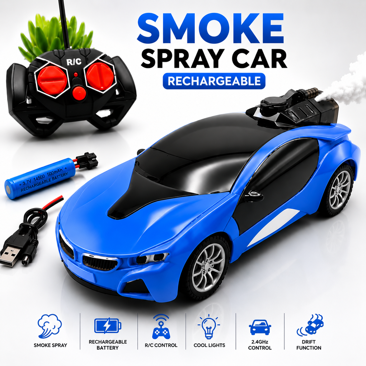 New Cool 3D Lighting Smoke Spray RC Car for Kids - Rechargeable Remote Control Toy Vehicle with 4-Wheel Drive and Active Smoke Button