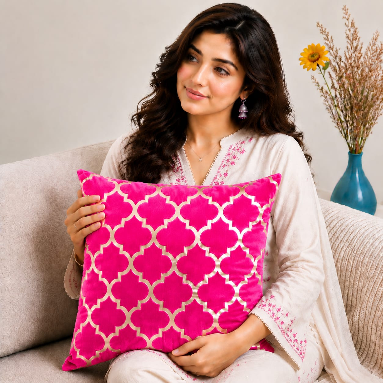 Elegant Geometric Pattern Velvet Cushion Cover 16x16 Inch Home Decor