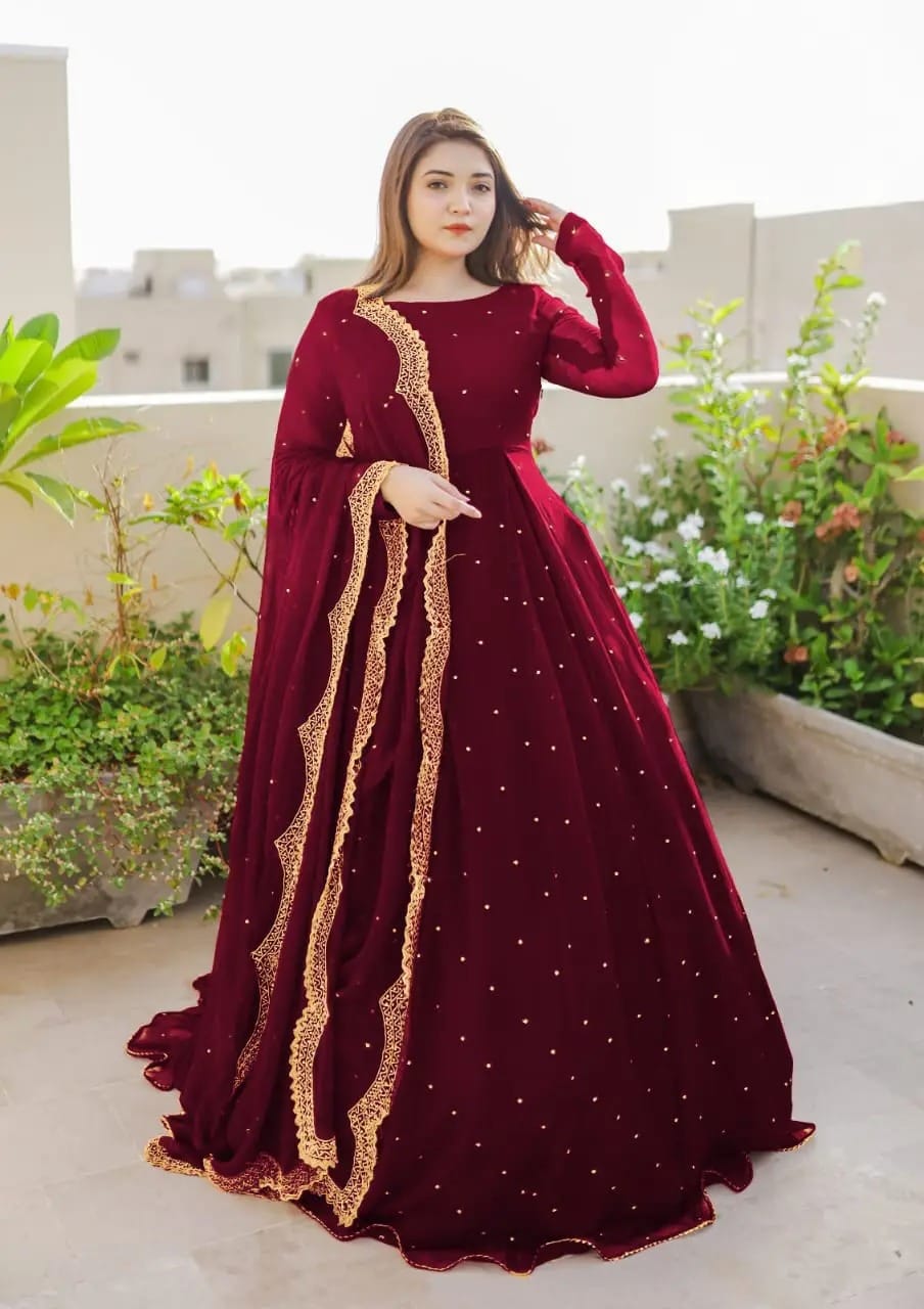 Women Dresses Embroidered -- MaxiNew Design -- Chiffon Suits -- Front And Back Pearls And Lace Work Long Flare Maxi -- Ready To Wear -- Emb & Pearls Work Dupatta 3pcs