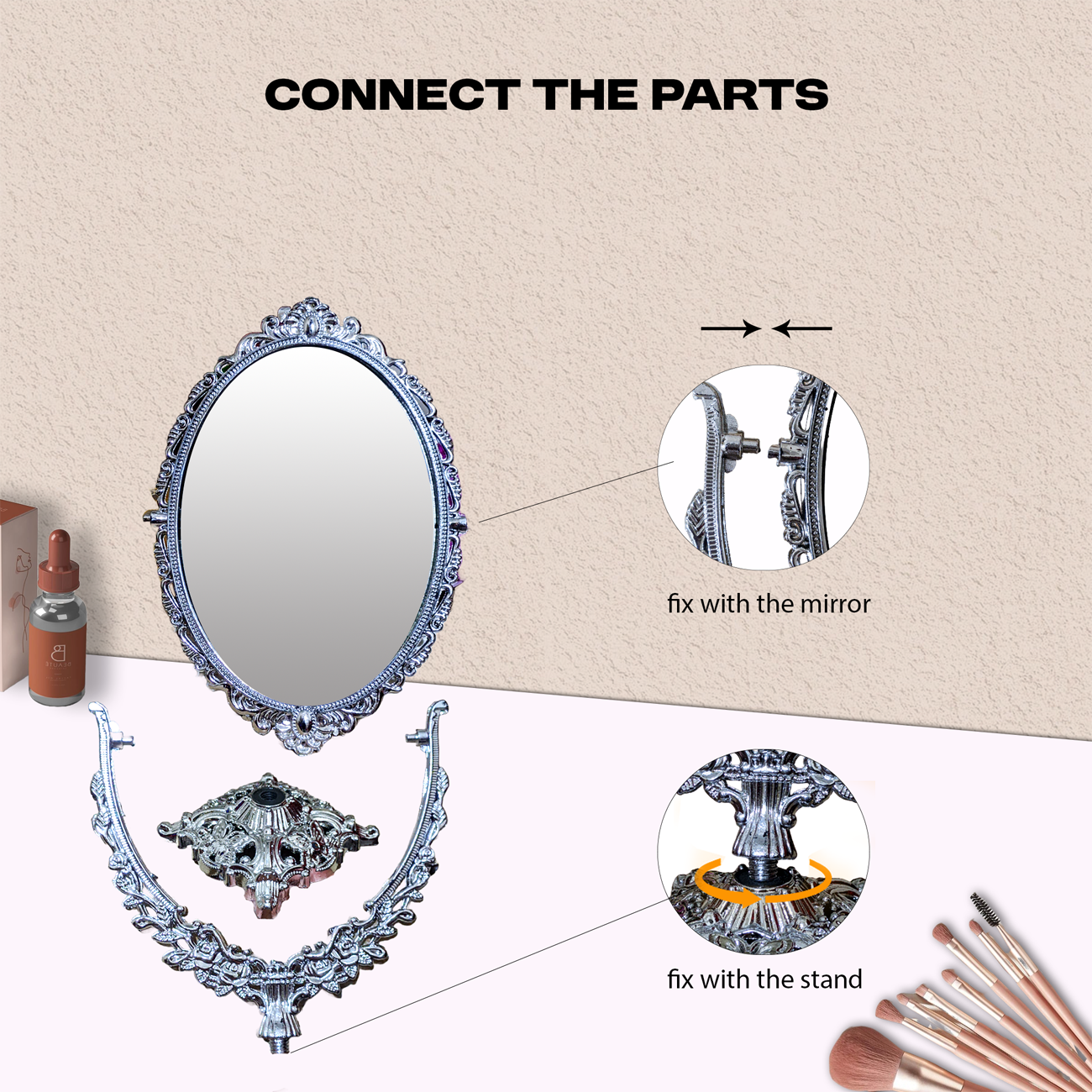 Retro makeup beauty mirror in the European style, Beautiful selfie mirror for girl with a circle shape, Dressing mirror 28cm hight for dorm bedroom mirror
