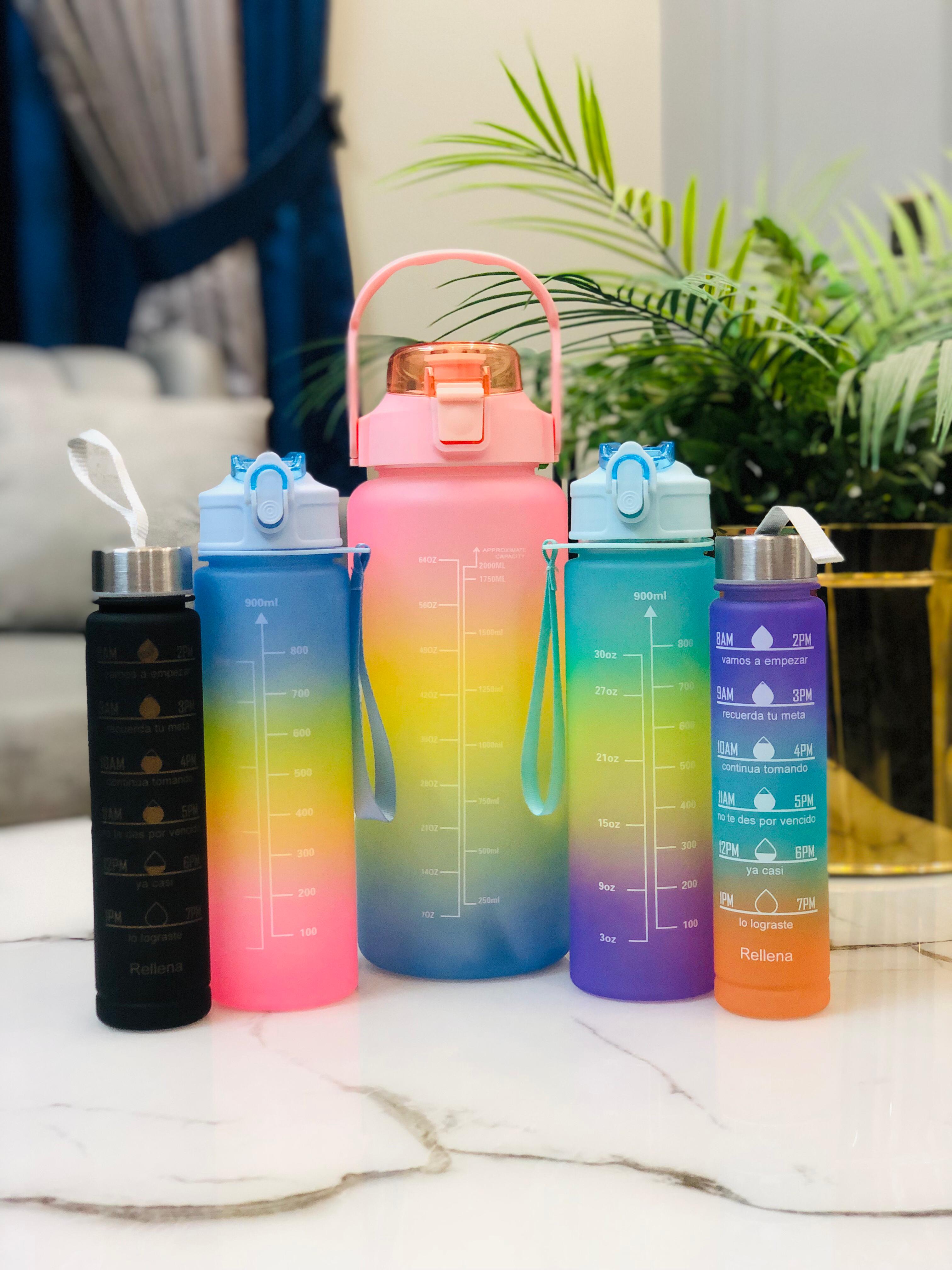 Pack of 1, 2, 3 Water Bottles 300, 800ml & 2 liter Motivational Water Bottle with free stickers , Gradient Color Drinking Water Bottle For Girls And Female Gym With Handle, Portable Water Bottle For School, Fitness, Outdoor Sports, Plastic Leak Proof