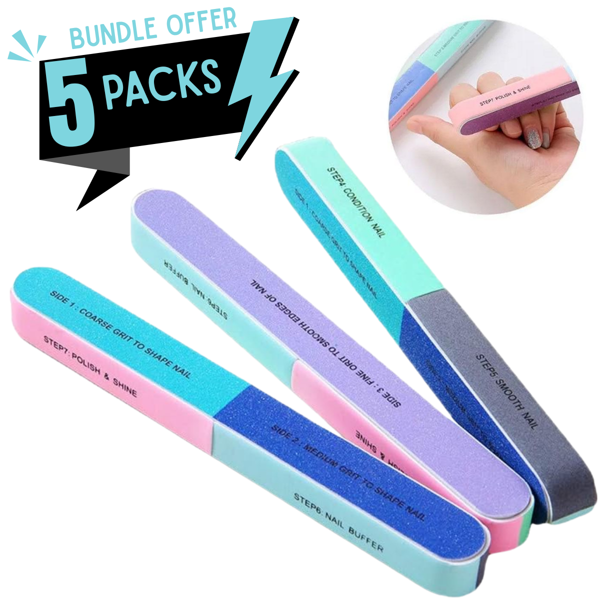 7 Way Nail Filer & Buffer Block (Pack of 1–5) – 7 Steps Professional Nail Buffering File & Polishing Block | Washable Emery Board | Nail Shiner, Smoother & Polisher for Manicure & Pedicure | 7-Sided Nail Care Tool