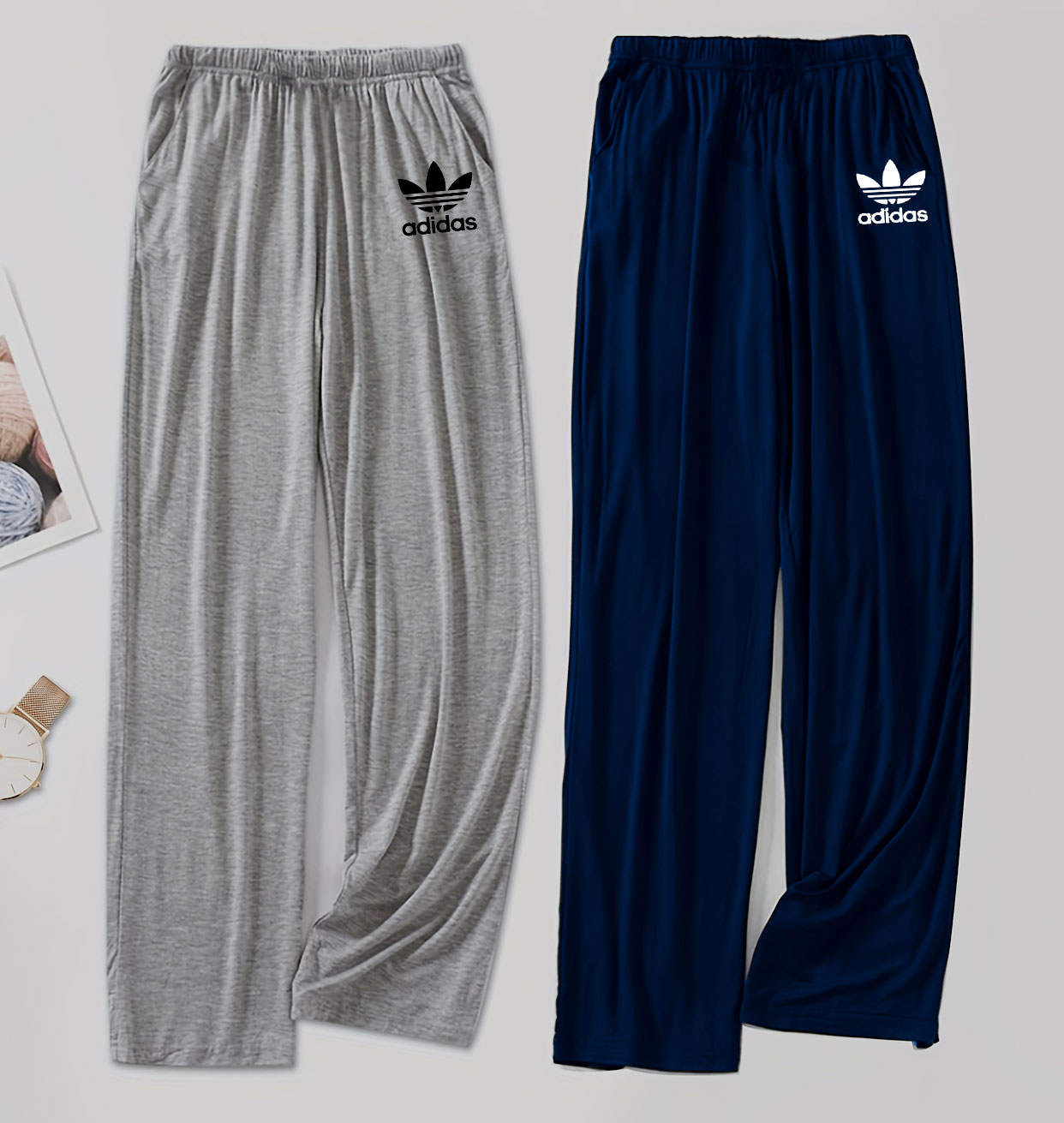 2pcs Summer Men's Casual Comfortable cotton jersey Solid Color Pajama Long Pants Trousers Elastic Waist Loungewear Sleep Bottom Men's Clothing