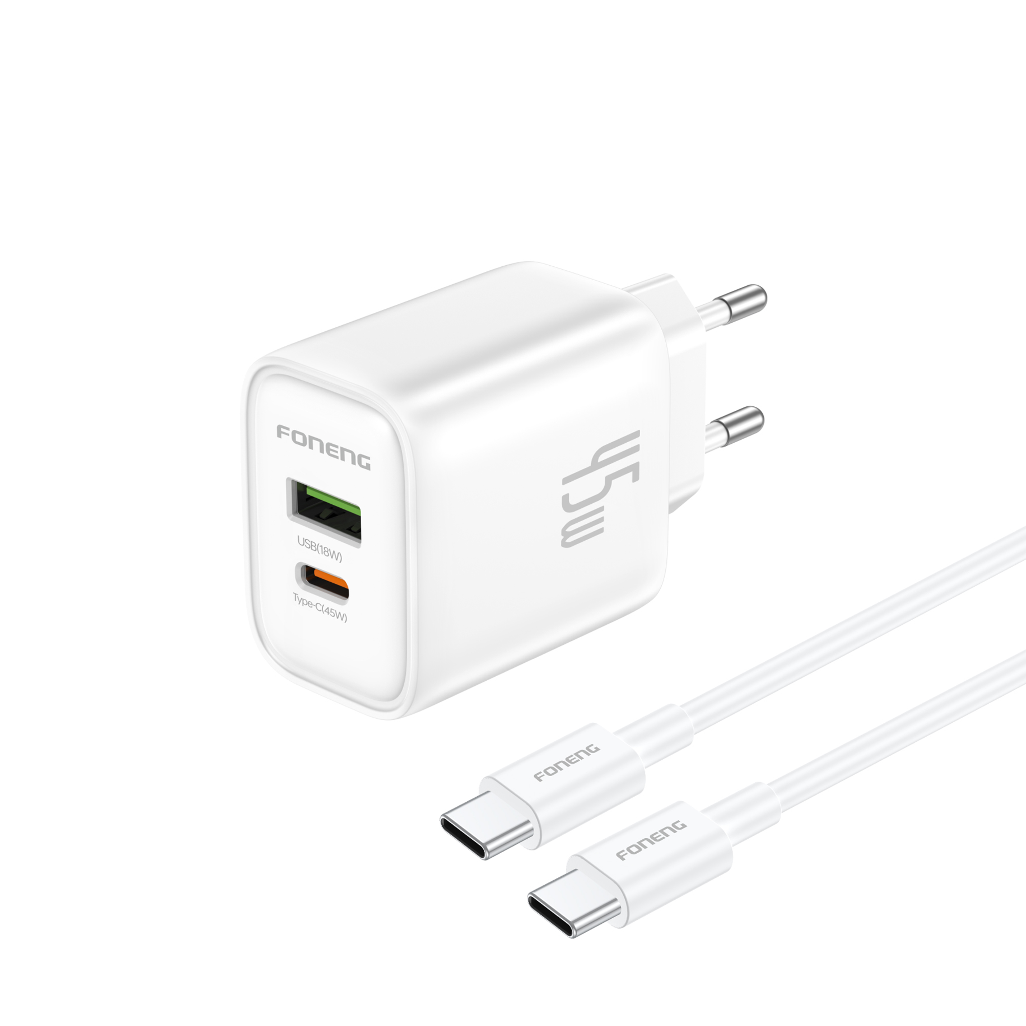 Foneng EU67 45W GaN Fast Charger 2-Port (USB-C PD + USB-A) Fast Charging Adapter  Android Laptop with Type-C to Type-C Cable