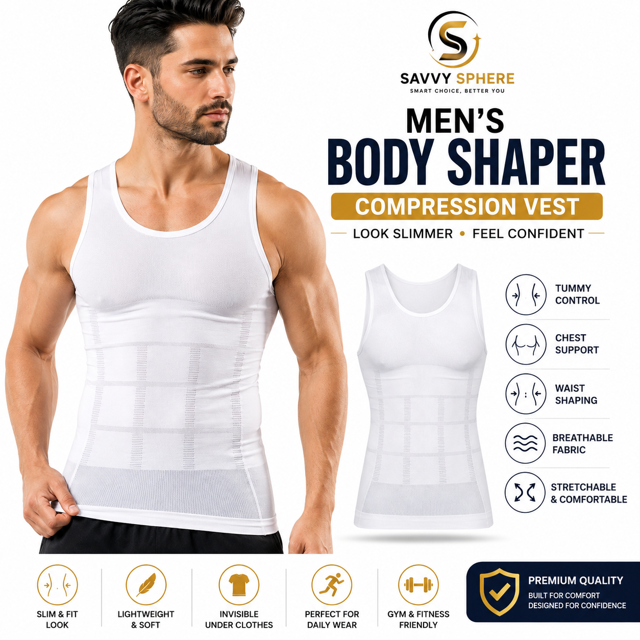 Slim Lift Men Body Shaper Compression Vest | Slimming Tummy Control Shirt | Men's Chest & Waist Shaper | Comfortable Body Shaping Tank Top for Weight Loss & Fitness
