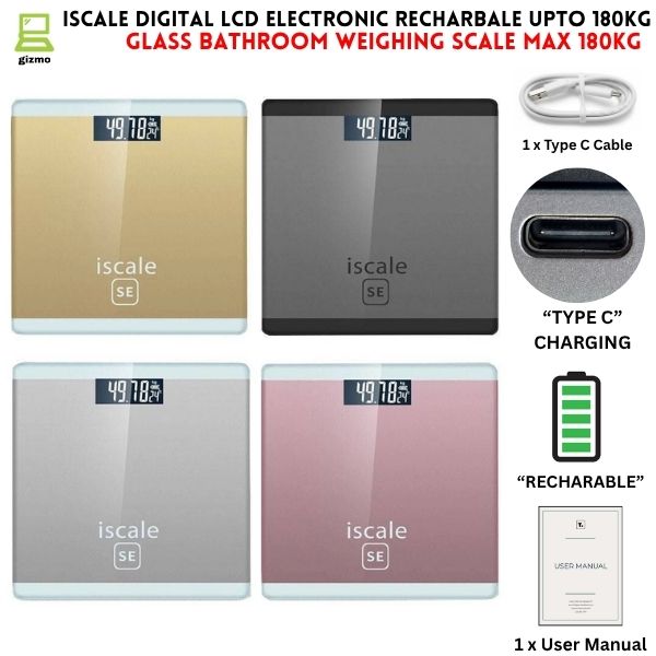 Upto 180kg iScale Rechargeable Weight Machine TYPE - C - Digital Heavy Duty Electronic Weighing Scale with Dual LED Display - Heavy Electric Weight Machine With Durable Steel Quality - For Home & Personal Use - Black/Golden/Pink/Silver