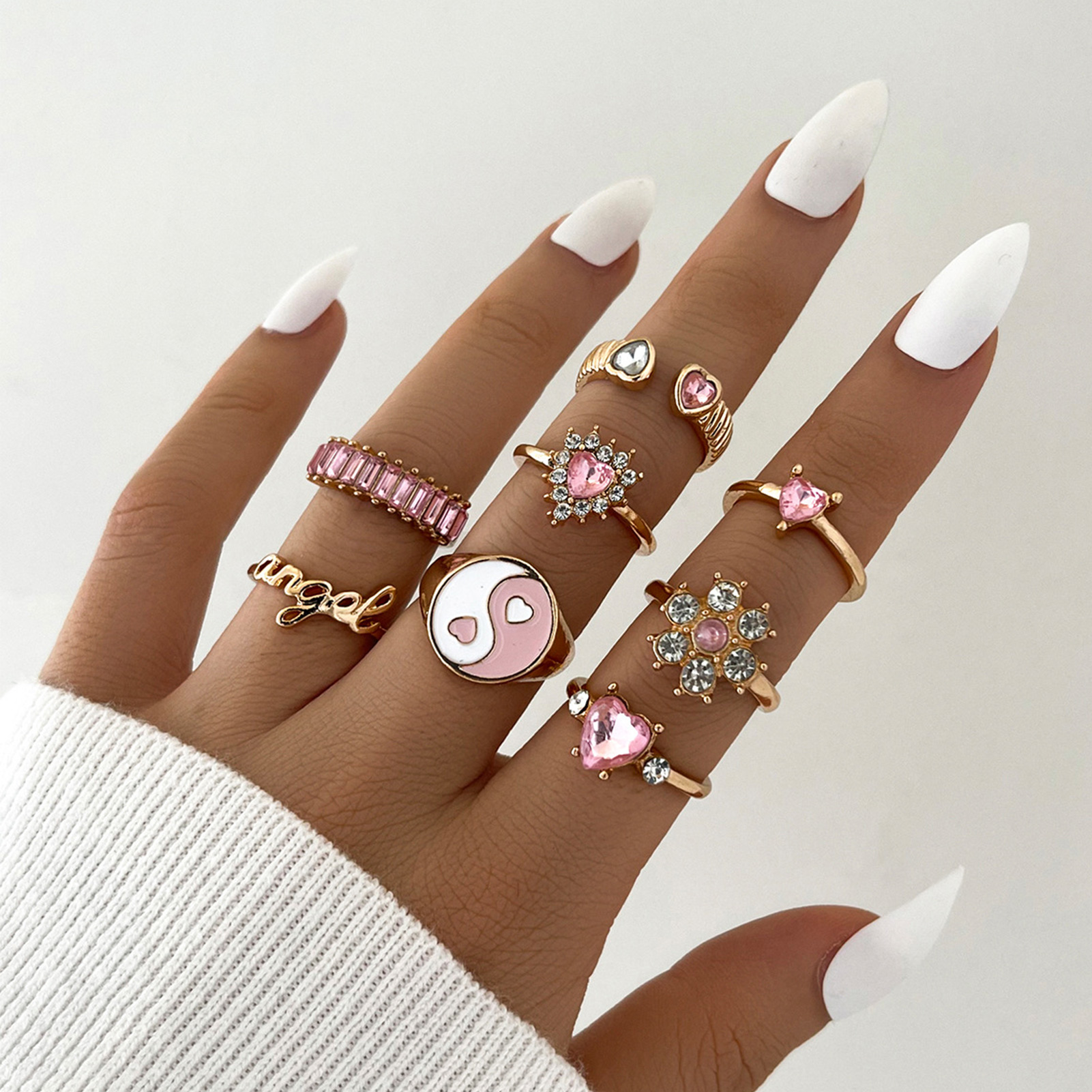 1 Set Rings Bohemian Women Heart Rhinestone Stackable Finger Ring