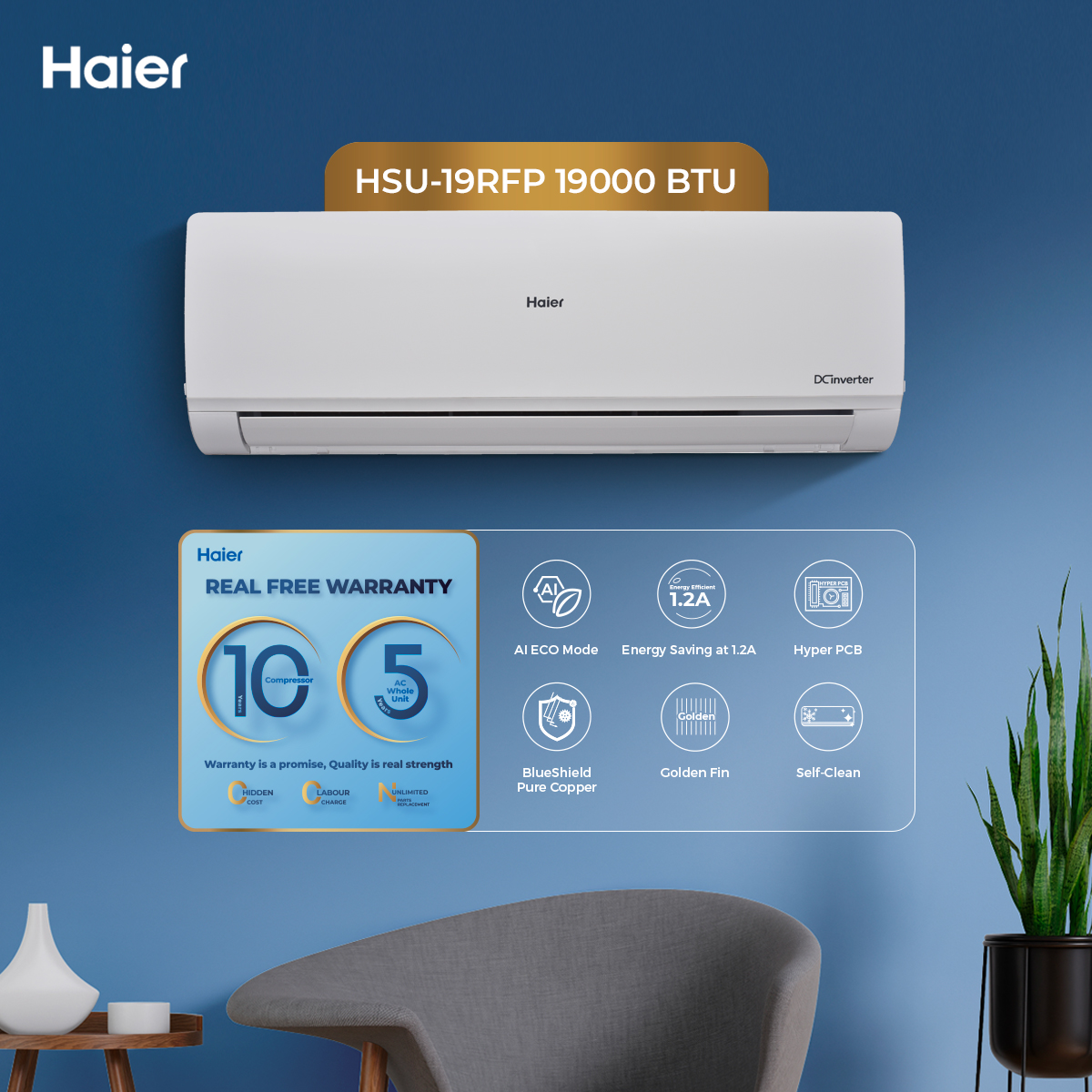 Haier 1.5 Ton / RF Series / HSU-19 RFP (Smart DC Inverter+Self Cleaning+UPS+Turbo Heat & Cool) Air Conditioner/AC/ 10 Year Warranty / Haier Free Installation