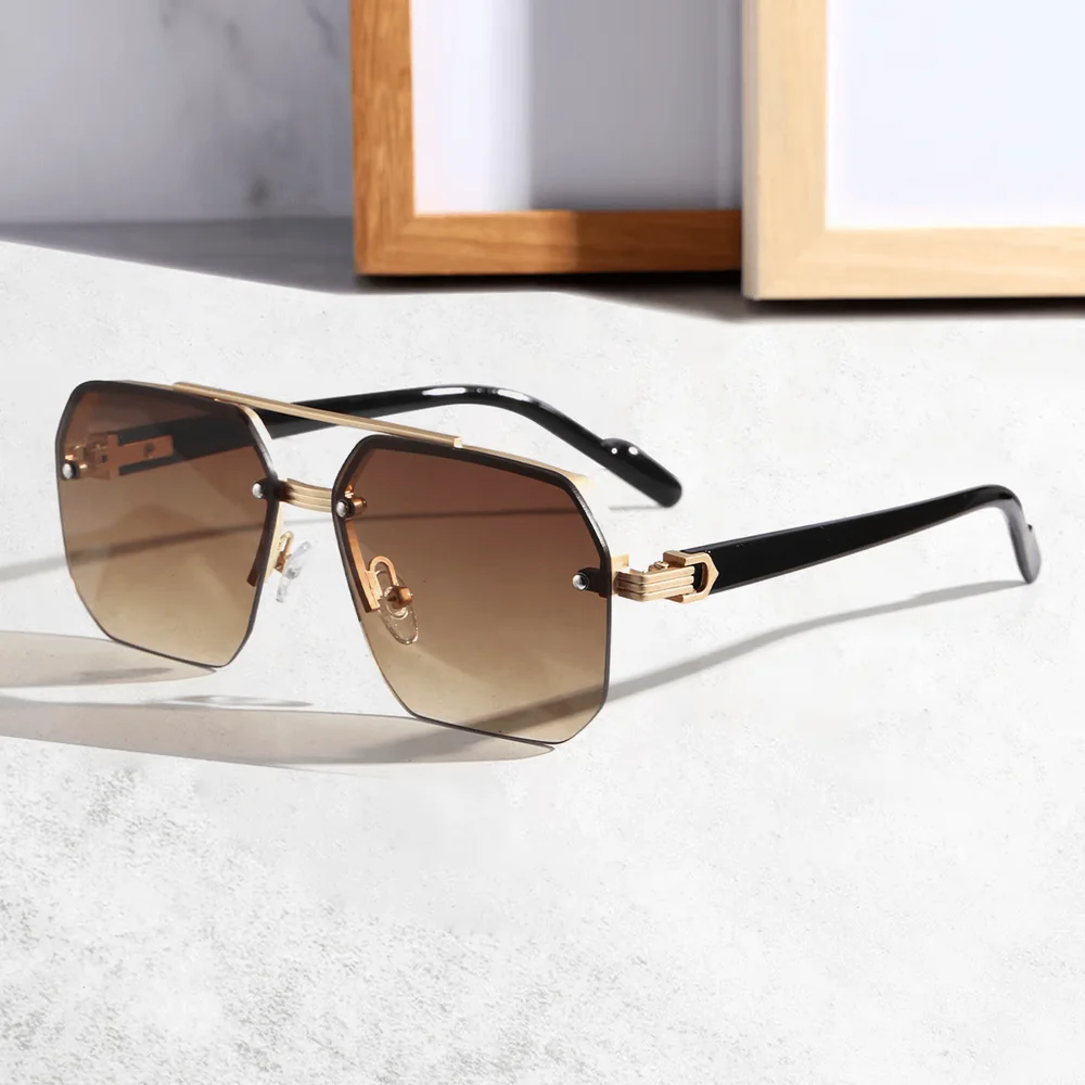 Bestwear.pk Stylish Half Frame Eyewear Double Bridges Sunglasses for Men & Women - Unisex Rimless Classic Octagon Trendy Polygon Double Beam Fashion Square Glasses for Boys & Girls - Oversize Metal Frame Eyeglasses Shades for Ladies