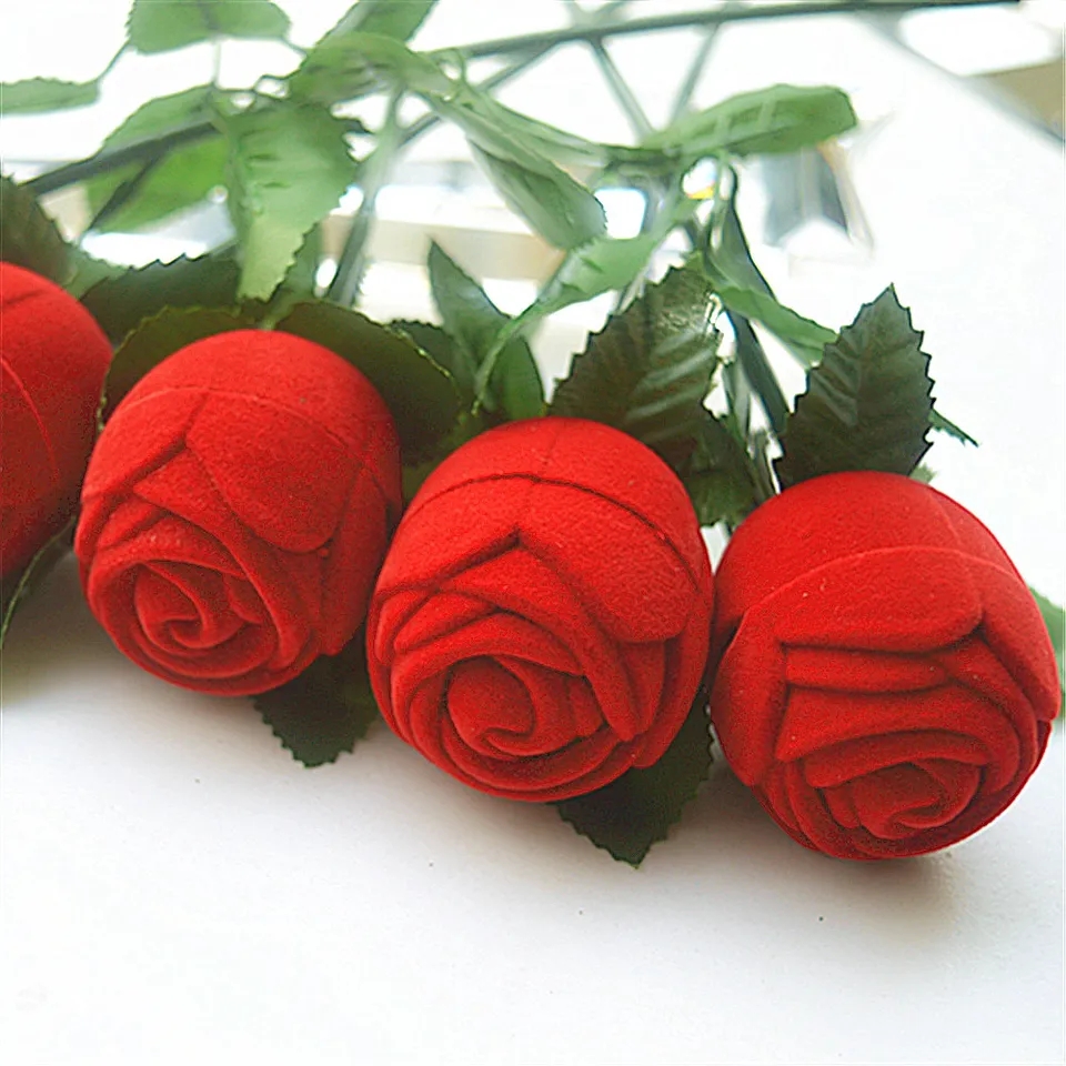 Rose Flower Ring Box Velvet Red Rose ring jewelry Box Display Holder gift Box Bridal Wedding jewelry storage box