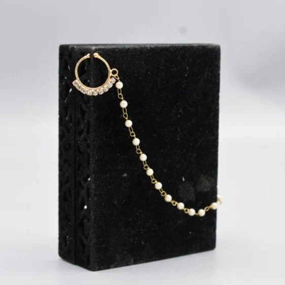golden bridal nose ring with white pearls