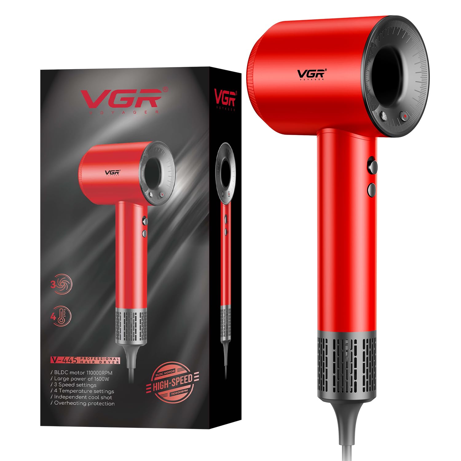 VGR V-445 Professional Hair Dryer, High-Speed 110000 RPM BLDC Motor with 3 Speed & 4 Temperature Settings, Independent Cool Shot, Overheat Protection, 1600W