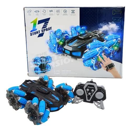 Rechargeable RC Stunt Car with Gesture Control, 2.4GHz All-Terrain Electric 4WD, Flashing Lights, USB Charging, Lithium Battery, Infrared Sensor, Remote and Watch Included, Cartoon Fantasy Theme, Red/Blue Plastic Vehicle