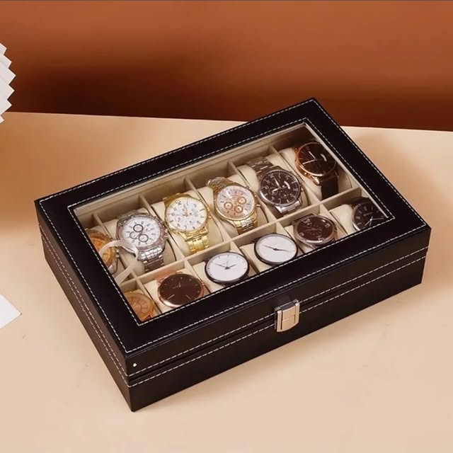 Watch Storage Box for Men Faux Leather Watch Organizer Display Storage Style Black 3/6/10/12/24 Grid