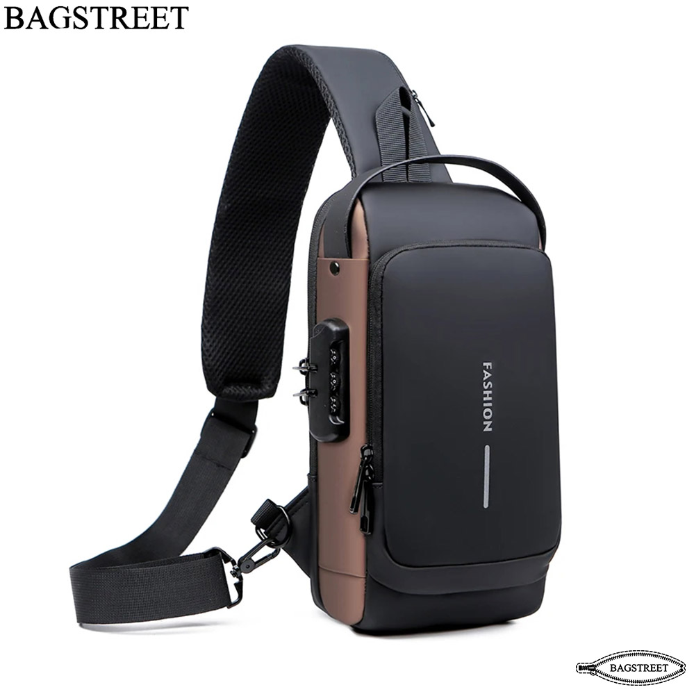 BAGSTREET New Waterproof Anti-Theft Unisex Sling Crossbody Bag with USB Charging Port and Combination Lock - Black