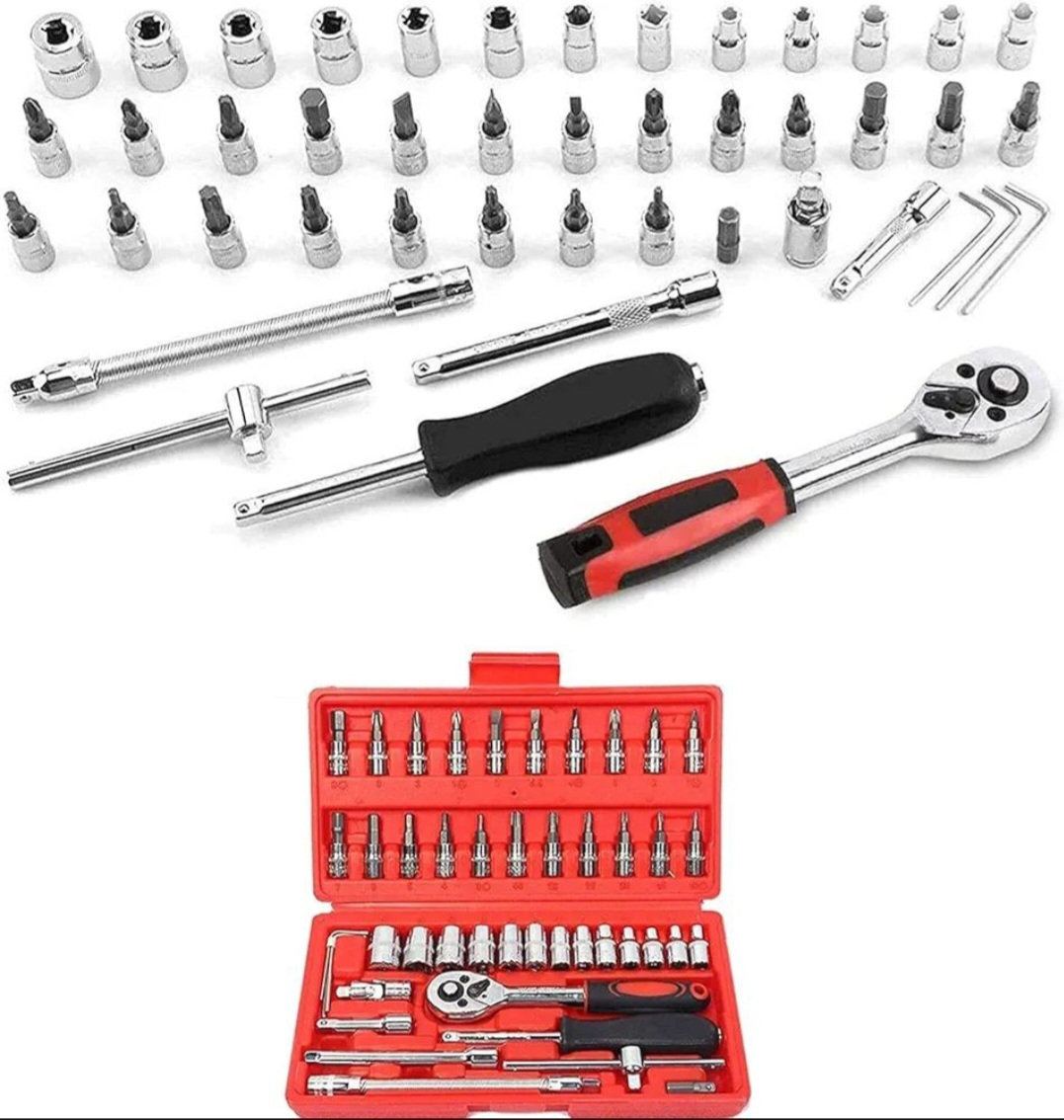 Imported 46 in 1 Pcs Combination Wrench Set/Socket for Car & Bike Repairing Hand Tool Long Handle Kit 46pcs Combo Tools Repair 1/4" Ratchet Torque Box for Spanner Force Kit, Tools, Set