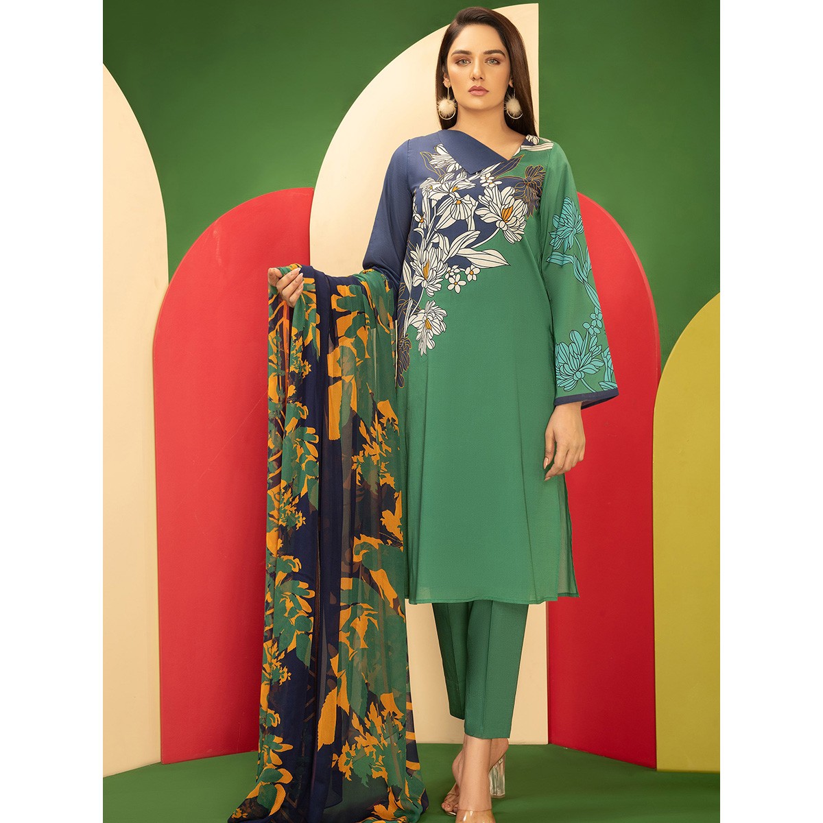 LimeLight Unstitched 2-Pc Cambric Suit For Ladies U1648SU-2PC-GRN